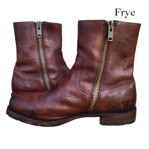 FRYE Square Toe Biker Heath Burnish Brown Leather Zip Short Calf Boot Men 10.5 - Picture 7 of 16